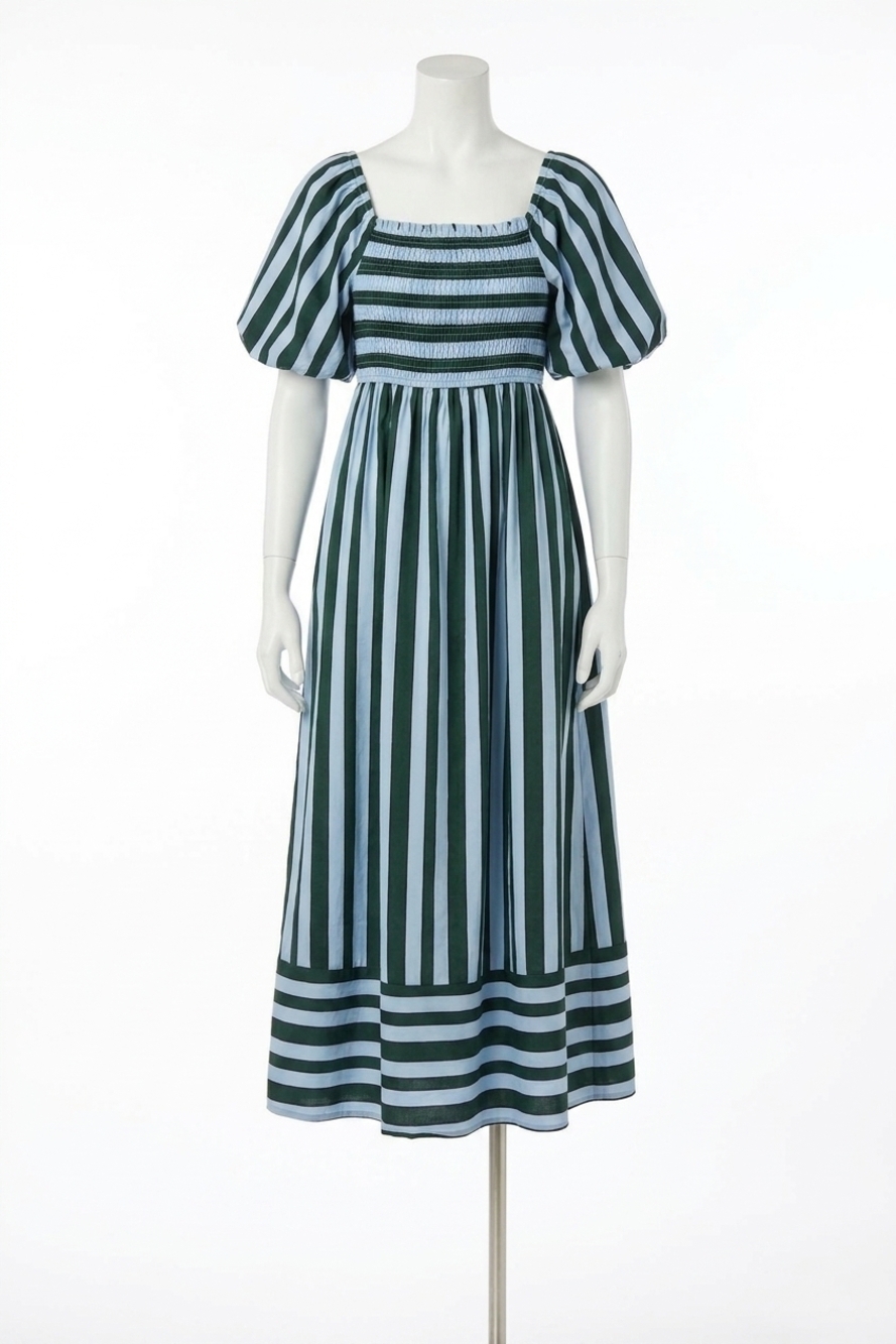 NEW SHE + SKY women's short bubble sleeve smocked top striped midi dress in blue
